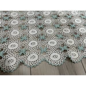 Vintage Crochet Lace Green White Dresser Scarf Runner 40"